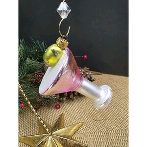 Pink Martini Glass with Olive Blown Glass Christmas Ornament New Year's Theme